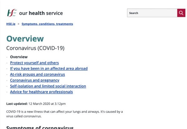 Screenshot of how the COVID-19 website looked in March 2020