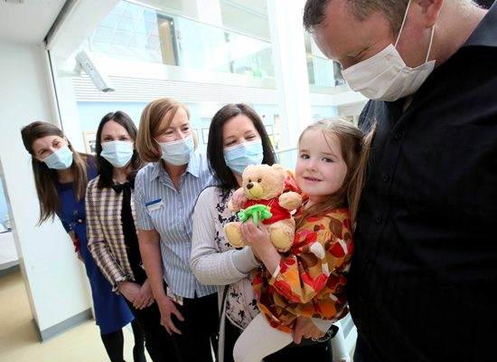 Caption: (l to r)Dr Valerie Broderick, Dr Pamela Evans, Mairead O'Brien CNM3, Mum Theresa Kenna,  Erin Kenna and Dad Joe Kenna 