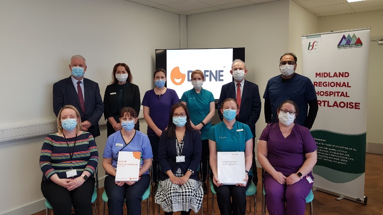Standing (l to r)  Michael Knowles, General Manager,  Sandra McCarthy, Director of Nursing, Regina Healion, CNSp Diabetes,  Caoimhe Kenny, Senior Dietician, Dr John Connaughton, Clinical Director,  Dr Jay Sharma, Consultant Endocrinologist . Seated (l to r) Karen Delahunty, Clerical Officer, Michelle McCormack, Staff Nurse,  Dr Pyeh Kyithar, Consultant Endocrinologist, Lorraine Kelly, Senior Dietician, Georgina Doyle, ANP Diabetes 