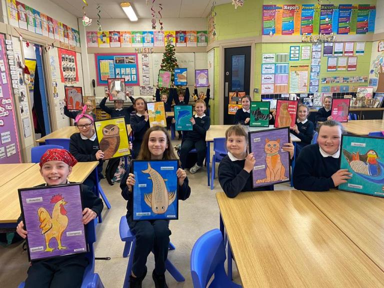 Fourth Class students of Portarlington Presentation Primary School displaying their art project that they donated to the Paediatric Unit in Midland Regional Hospital Portlaoise donated.