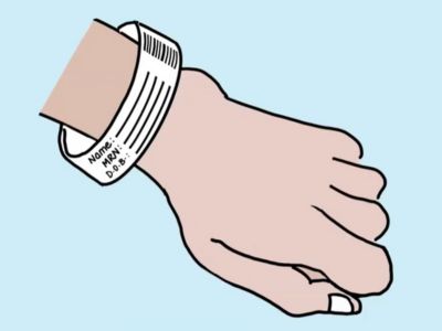 An illustration of a hand with an identification tag around the wrist.