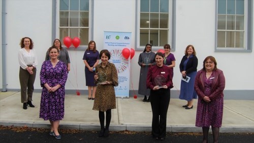 Caption:  Back Row (l to r)  Karn Cliffe, Director of Nursing and Midwifery with the Dublin Midlands Hospital Group; Maura Loftus, Director of the RCNME (Regional Centre for Nursing and Midwifery Education) Tullamore; Sandra McCarthy, Director of Nursing, MRHP; Sr Mareena Shiji Mole Mathew, Staff Nurse (overall award winner); Ann Marie O Shea, Advanced Nurse Practitioner Adult Respiratory Services (award winner); Dr Mary Nolan, Interim Director of the Nursing and Midwifery Planning and Development Unit Midlands. Front Row (l to r) Fiona Moore Nurse Practice Development Co-ordinator MRHP; Paediatric Nurse Dolores Tynan (award winner); Emma Mullins, Clinical Midwifery Manager (award winner); Ms Maureen Revilles, Director of Midwifery MRHP 