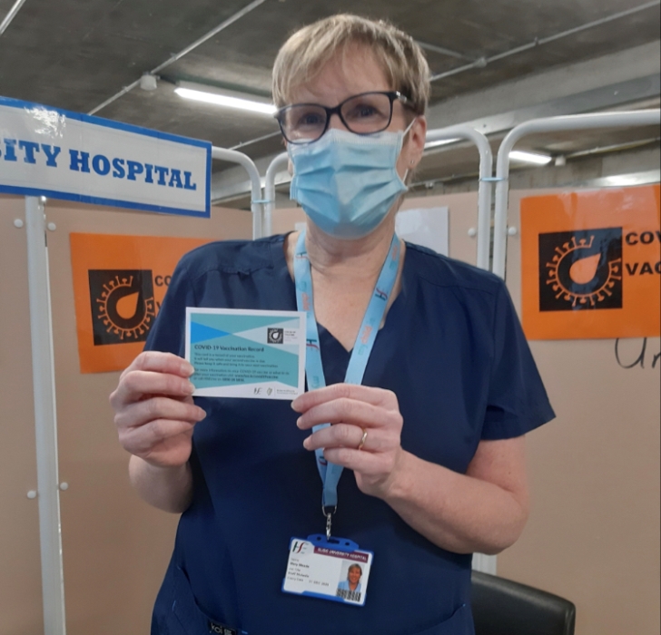Mary Mead, Staff Midwife, Maternity, Sligo University Hospital after becoming the first member of staff at SUH to receive the COVID 19 vaccine