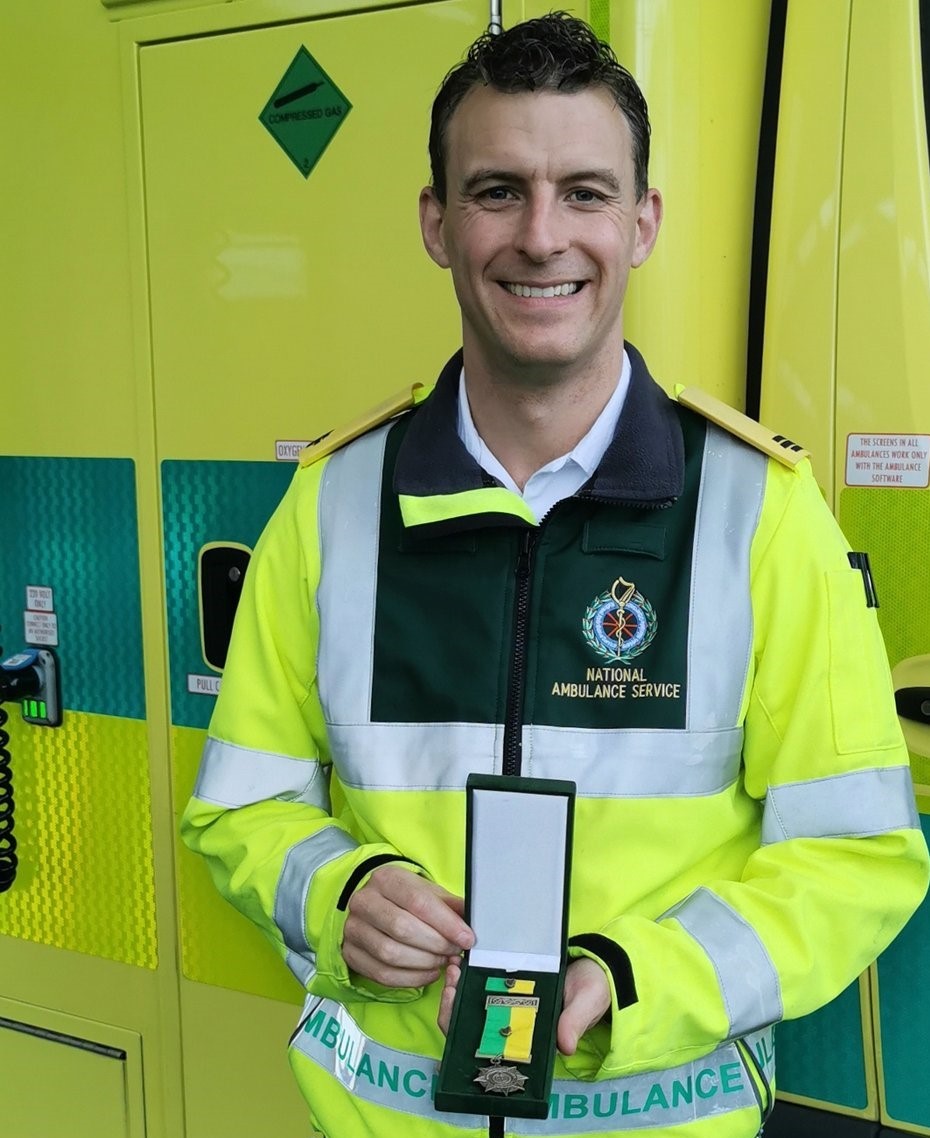 Joe Mooney with his COVID-19 medal which he and his colleagues were presented with by management of the National Ambulance Service for their work throughout the pandemic.