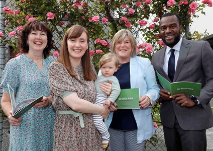 Catherine Cunningham,  Mum Eilís, Baby Leo, Minister Mary Butler TD and Dr Ike Okafor Clinical Director 