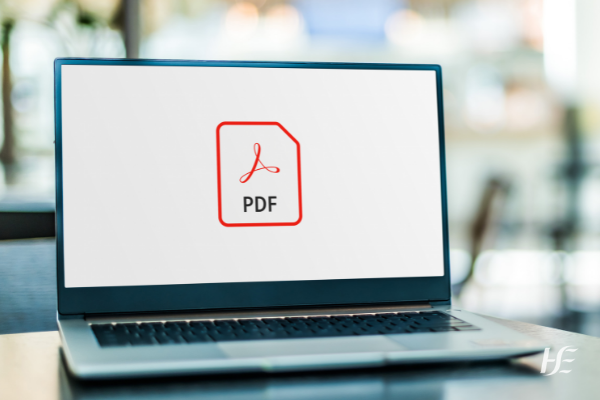 Photograph of a laptop with a PDF icon on the screen