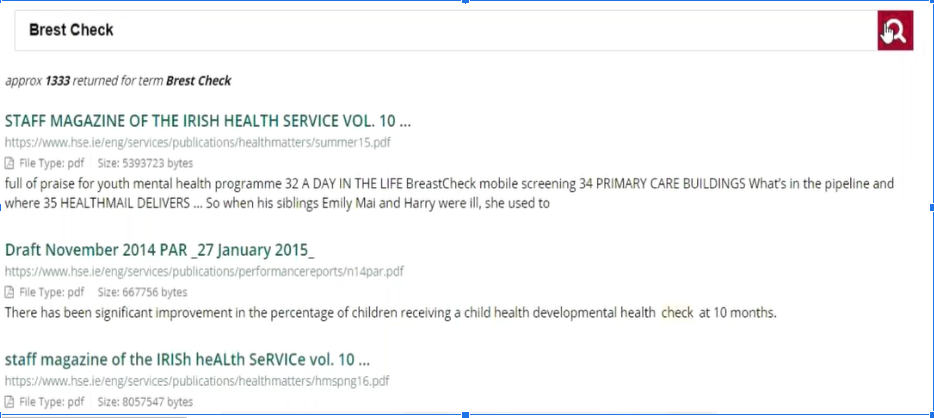 Screenshot of search results page after a user searched for information about breast check