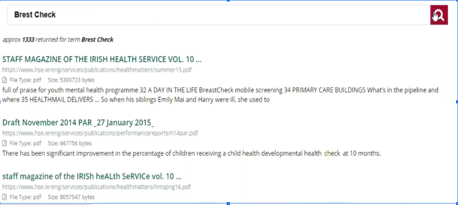 Screenshot of search results page after a user searched for information about breast check Screenshot of search results page after a user searched for information about breast check
