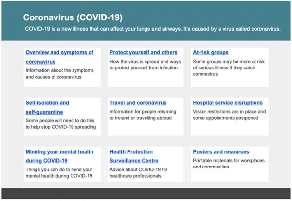 Screenshot of COVID-19 landing page from mid-March 2020