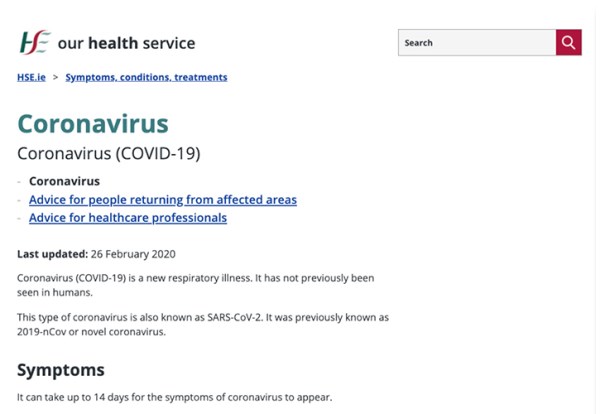 Screenshot of how the COVID-19 website looked in February 2020
