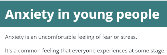 screenshot of the title of the page, 'Anxiety in young people', white font on a coloured background that is easy to read