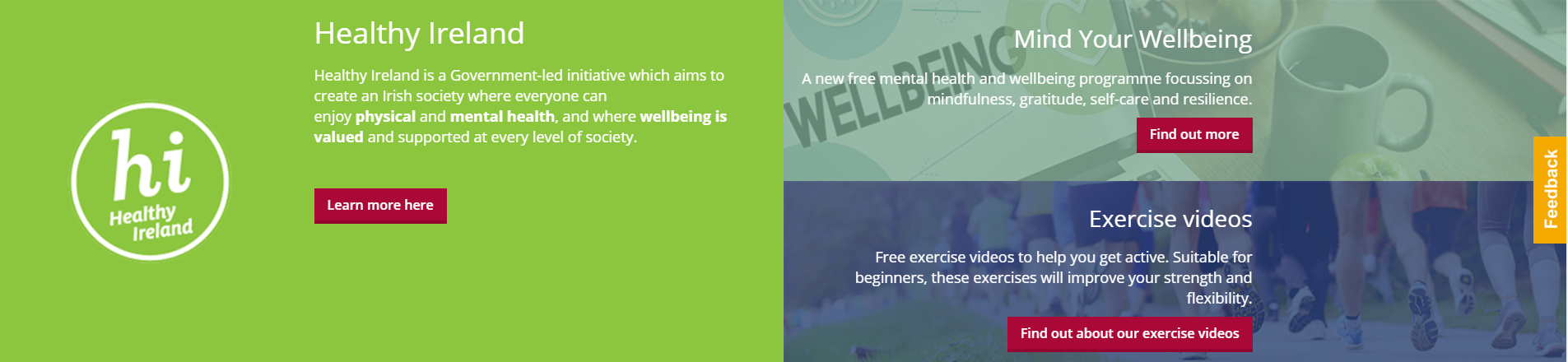 screenshot of colour contrast issues on the Health and Wellbeing webpage. The white writing against the coloured background is difficult to distinguish.