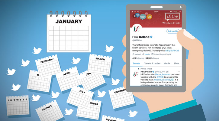 Graphic of a hand holding a smartphone with Twitter on the screen. In the background are monthly pages falling from a calendar withTwitter bird icons in between. hse twitter 2019 review_
