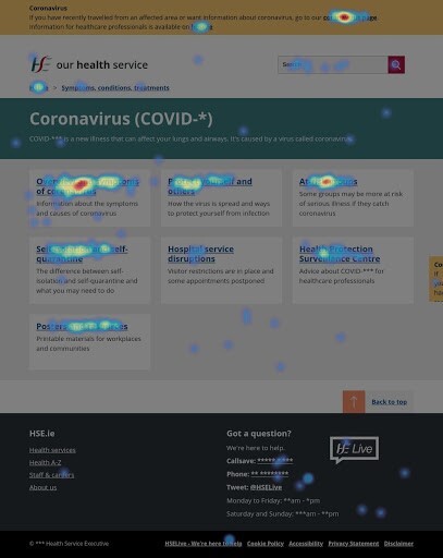  Heatmap of COVID-19 content - the red and orange areas show the parts of the web page that attarcted the most user attention