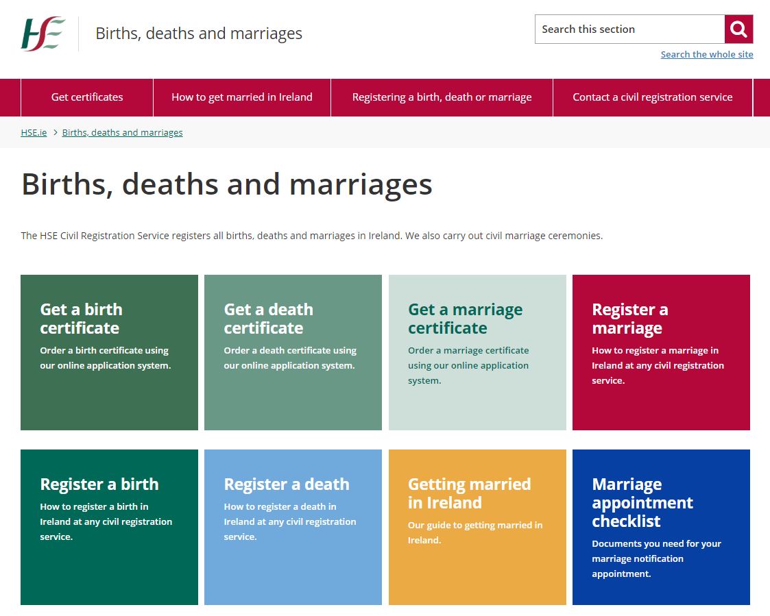 Screenshot of the new births, deaths and marriages website Screenshot of the new births, deaths and marriages website