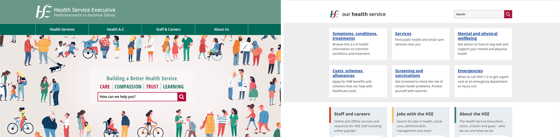 A graphic showing the homepage of the old HSE.ie on the left with the new HSE.ie homepage on the right.