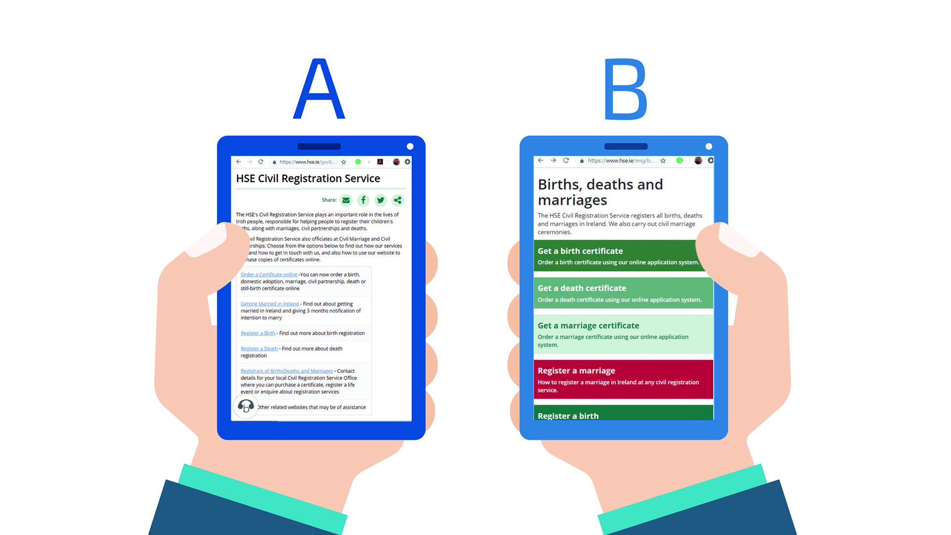 Two mobile phones showing the old and new births, deaths and marriages section of HSE.ie