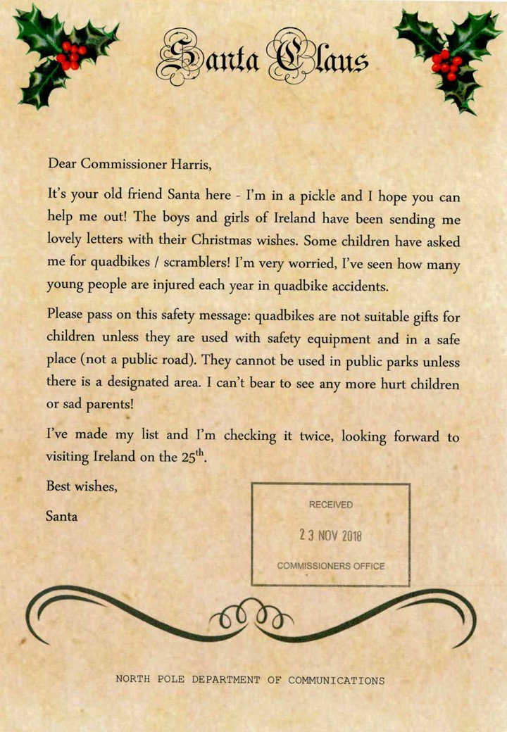 Letter from Santa Claus warning about the dangers of quad bikes Letter from Santa Claus warning about the dangers of quad bikes