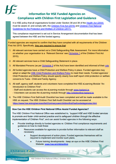 Children First Information Sheet for HSE Funded Agencies Children First Information Sheet for HSE Funded Agencies
