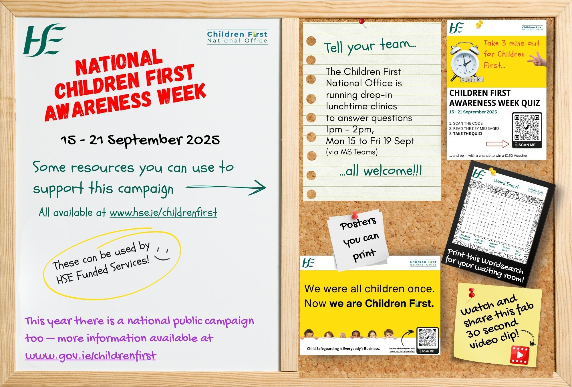 Image of a Notice Board that outlines all of the resources that are available during the Awareness Week including posters to print, a video to watch, a quiz that can be entered and a lunch time webinar.. 