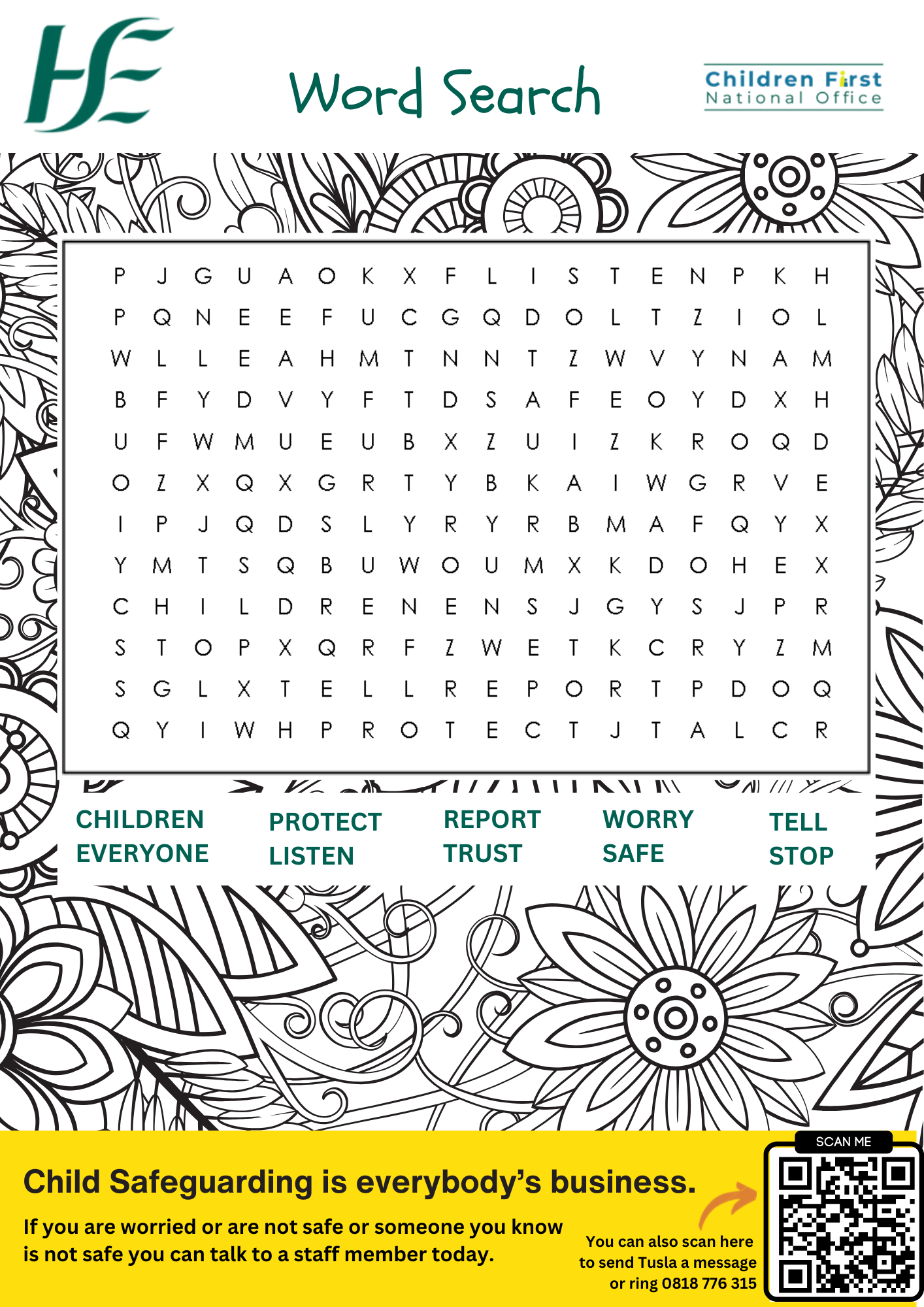 Image of a Wordsearch that can be completed in waiting rooms by children and young people with child safeguarding themed words. 