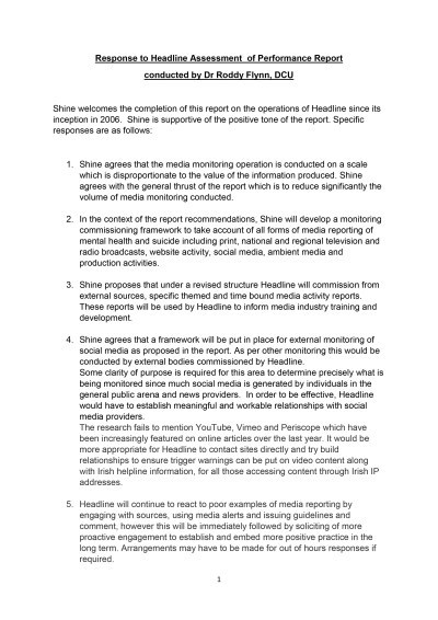 SHINE Response Response to Headline Assessment of Performance Report (August 2017)-1