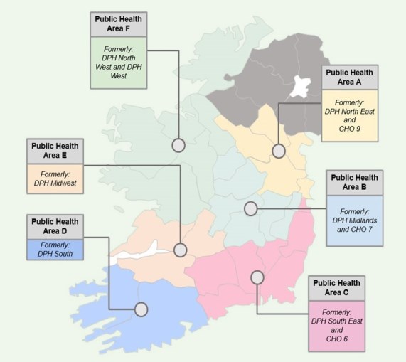 Public Health Areas map Map of HSE Public Health Areas A-F