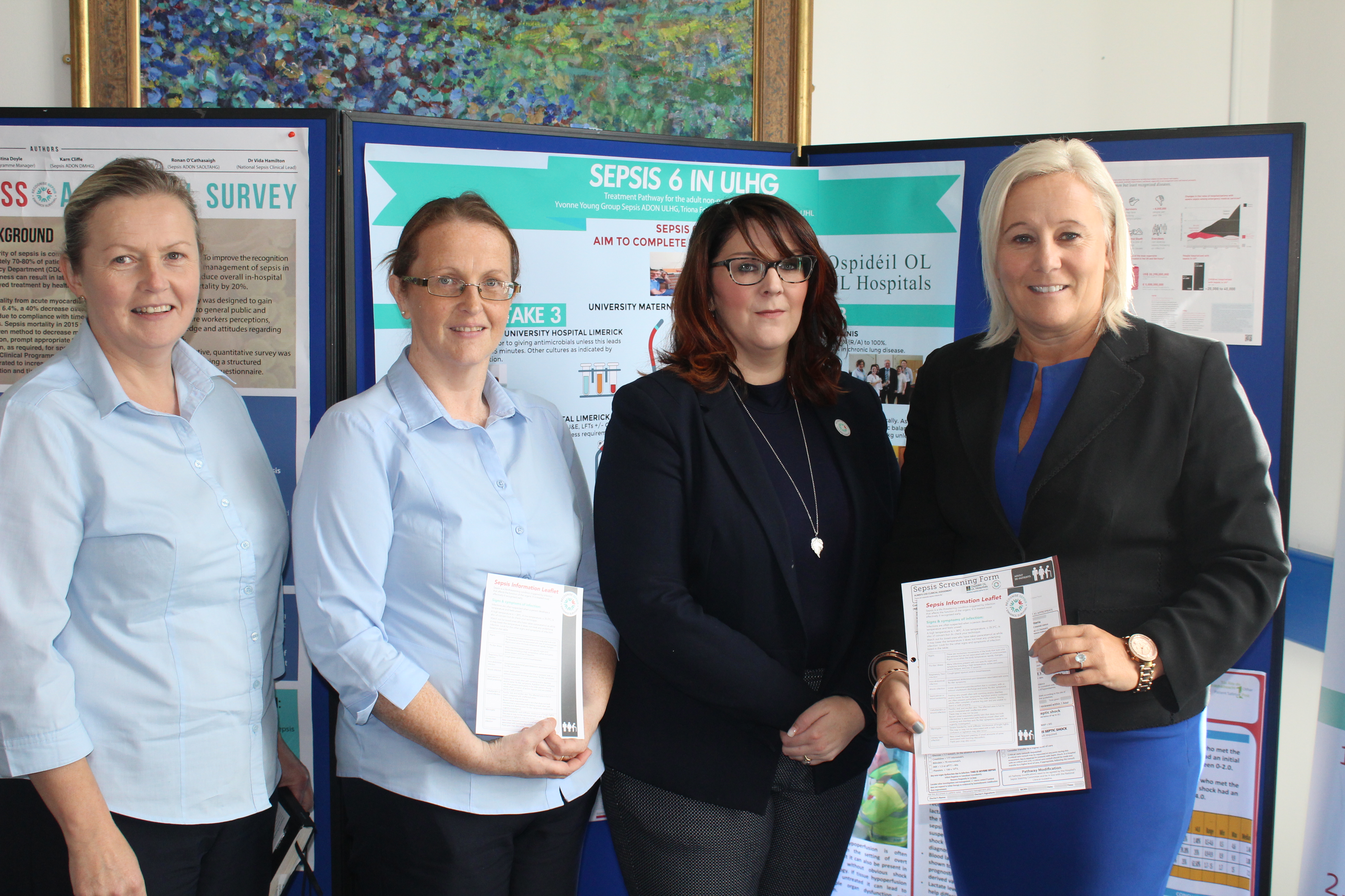 Raising awareness at UHL as part of World Sepsis Day were Mary P Fitzgerald,Clinical Nurse Manager 2; Triona Foley ,Clinical Facilitator, Perioperative Directorate; Yvonne Young, Group Sepsis Lead and Prof Colette Cowan, CEO, UL Hospitals Group Raising awareness at UHL as part of World Sepsis Day were Mary P Fitzgerald,Clinical Nurse Manager 2; Triona Foley ,Clinical Facilitator, Perioperative Directorate; Yvonne Young, Group Sepsis Lead and Prof Colette Cowan, CEO, UL Hospitals Group