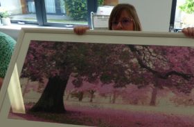 A woman sitting with a framed painting of some trees on her lap.