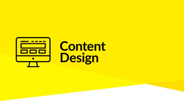 Yellow background with black computer screen icon and the words Content Design in black text